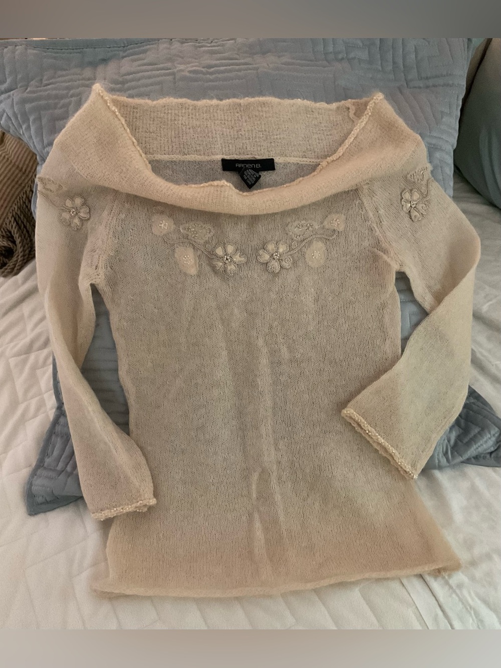 Arden B. Cream Floral Embellished Off-Shoulder Sweater